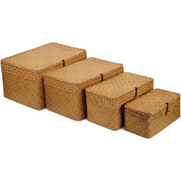 4 Pack, Wicker Baskets with Lids, Nautral Seagrass Storage Baskets, Woven - Picture 1 of 7